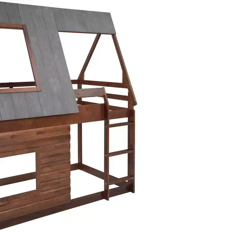 Twin House Bunk Bed with Roof and Ladder, Solid Wood House Bunk Bed Frame with 2 Windows for Kids, Oak & Smoky Grey