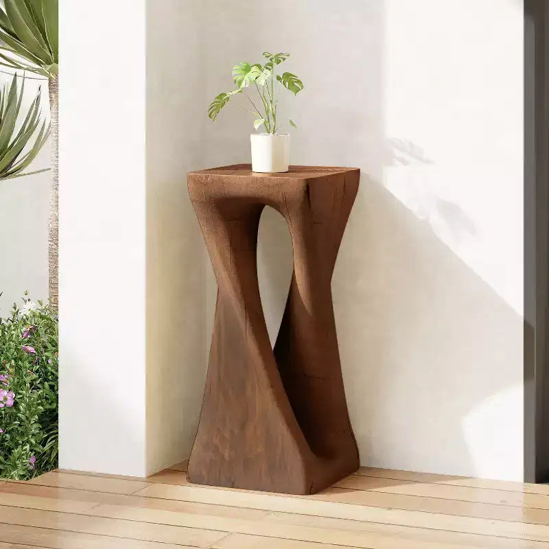 Twist Shape Side Table, Artistic Wood-Grain End Table for Indoor Outdoor Living Room, Patio