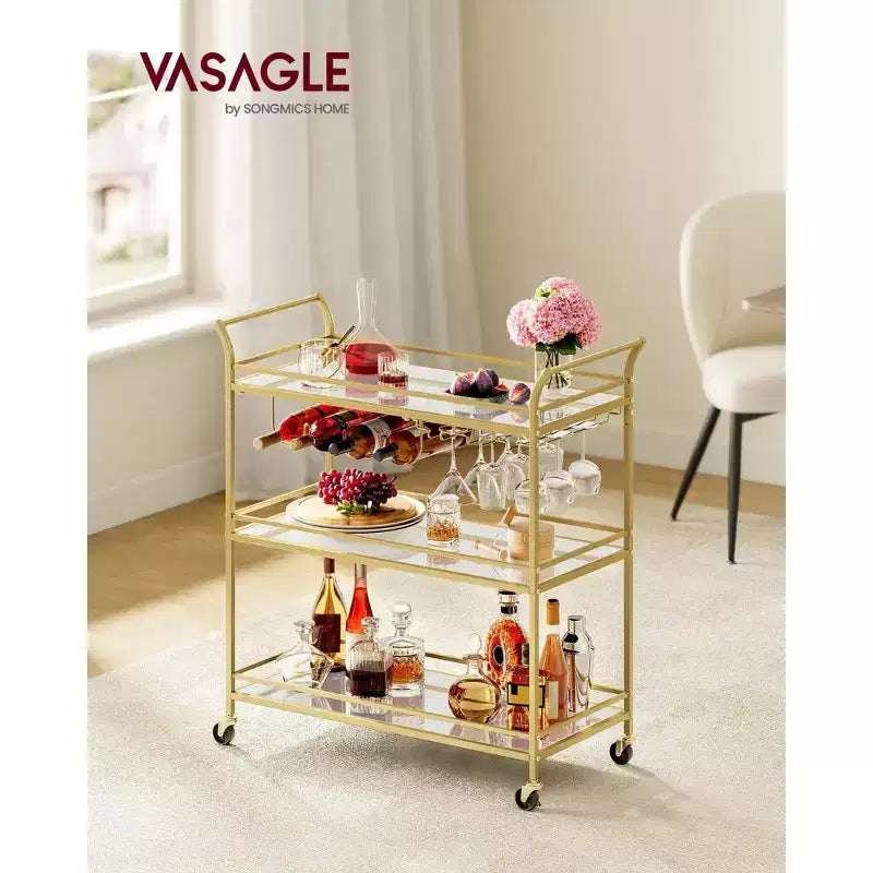 3-Tier Gold Bar Cart with Mirrored Shelves, Serving Cart with 4 Wine Bottle Holders & 3 Glass Racks, Locking Wheels for Kitchen Living Room, Gold