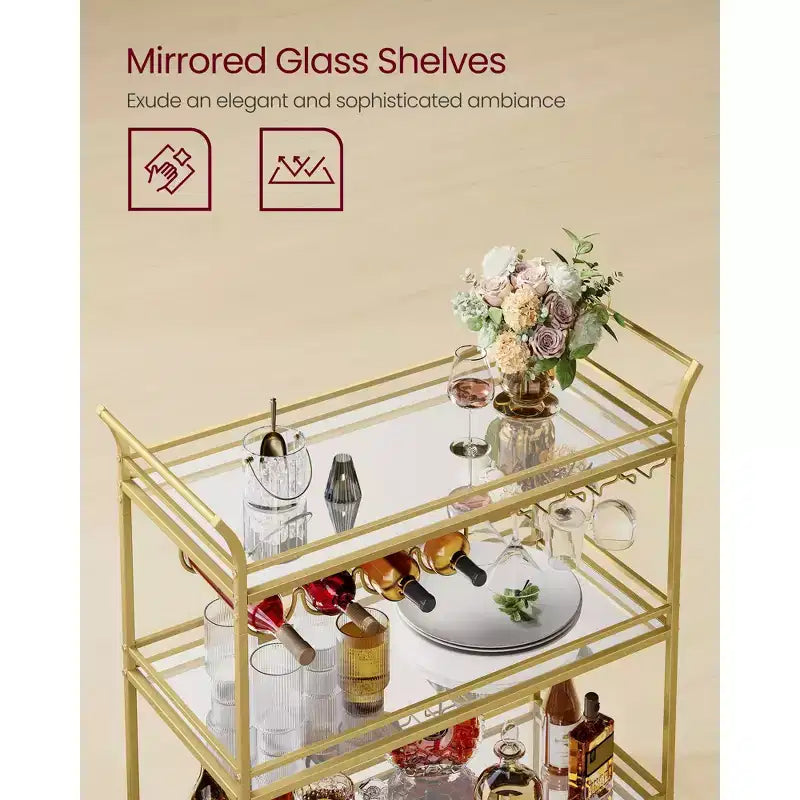 3-Tier Gold Bar Cart with Mirrored Shelves, 4 Wine Bottle Holders & 3 Glass Racks, Locking Wheels