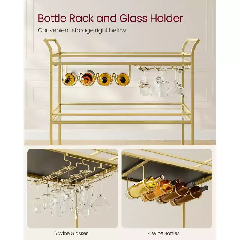 3-Tier Gold Bar Cart with Mirrored Shelves, 4 Wine Bottle Holders & 3 Glass Racks, Locking Wheels