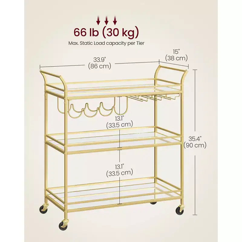 3-Tier Gold Bar Cart with Mirrored Shelves, 4 Wine Bottle Holders & 3 Glass Racks, Locking Wheels