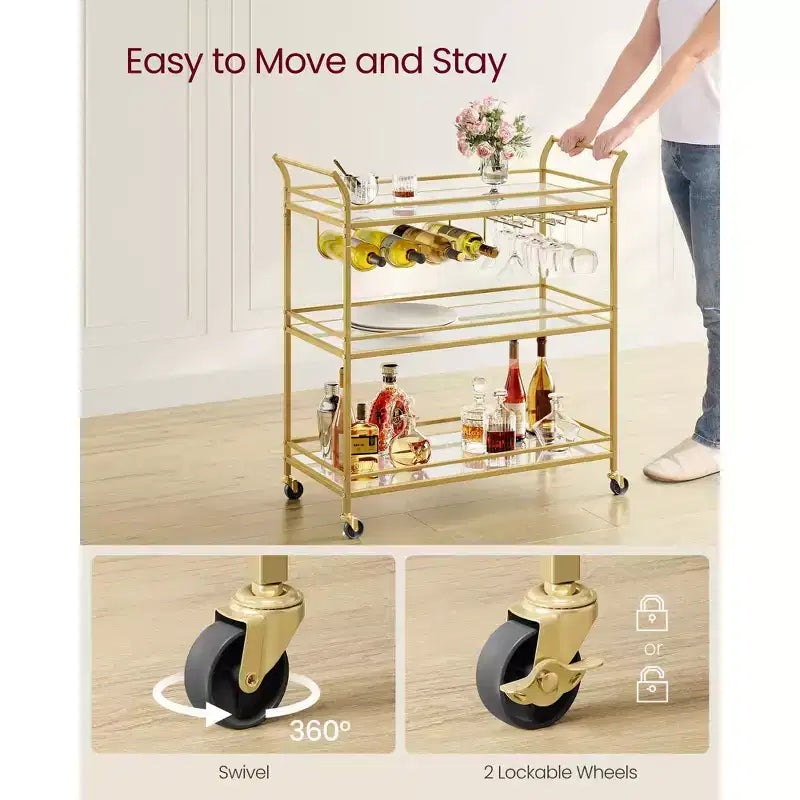 3-Tier Gold Bar Cart with Mirrored Shelves, 4 Wine Bottle Holders & 3 Glass Racks, Locking Wheels