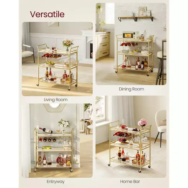 3-Tier Gold Bar Cart with Mirrored Shelves, 4 Wine Bottle Holders & 3 Glass Racks, Locking Wheels
