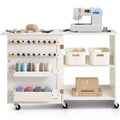 Folding Sewing Table with Wheels Peg Holders and Storage Shelves Compact Craft Station White