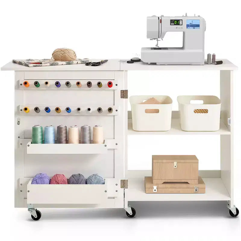 Folding Sewing Table with Wheels Peg Holders and Storage Shelves Compact Craft Station White