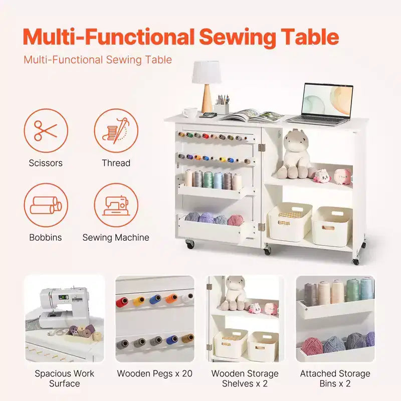 Folding Sewing  Table with Wheels Peg Holders and Storage Shelves Compact Craft Station White