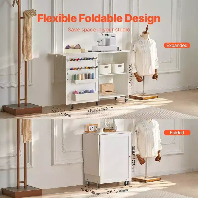 Folding Sewing  Table with Wheels Peg Holders and Storage Shelves Compact Craft Station White