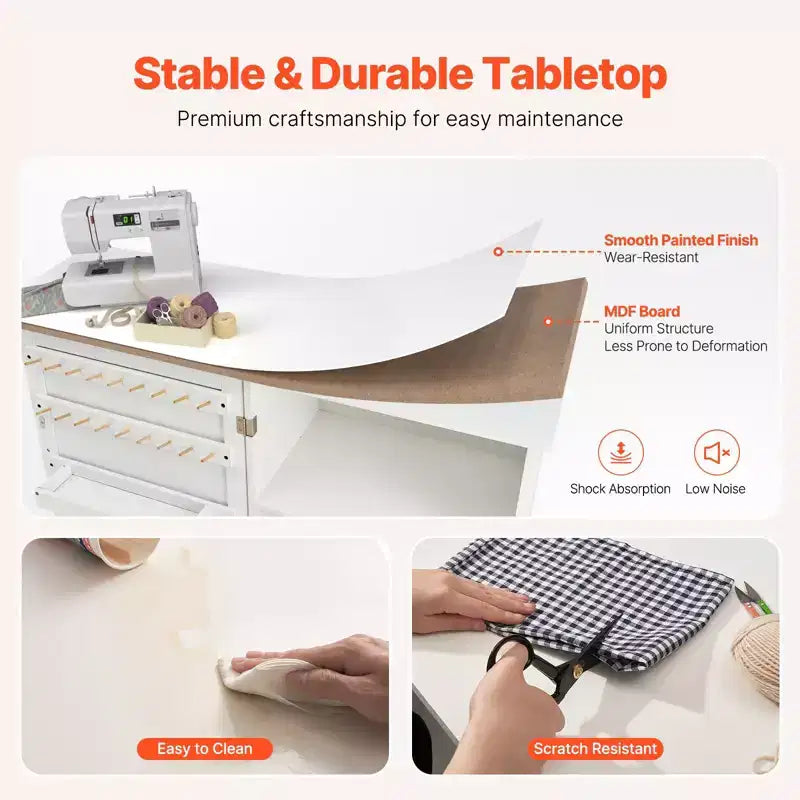 Folding Sewing  Table with Wheels Peg Holders and Storage Shelves Compact Craft Station White
