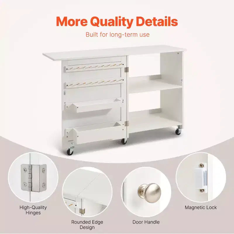 Folding Sewing  Table with Wheels Peg Holders and Storage Shelves Compact Craft Station White