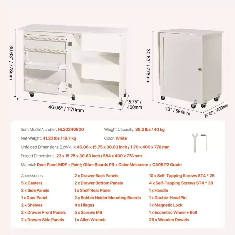Folding Sewing  Table with Wheels Peg Holders and Storage Shelves Compact Craft Station White