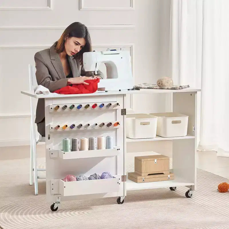 Folding Sewing  Table with Wheels Peg Holders and Storage Shelves Compact Craft Station White