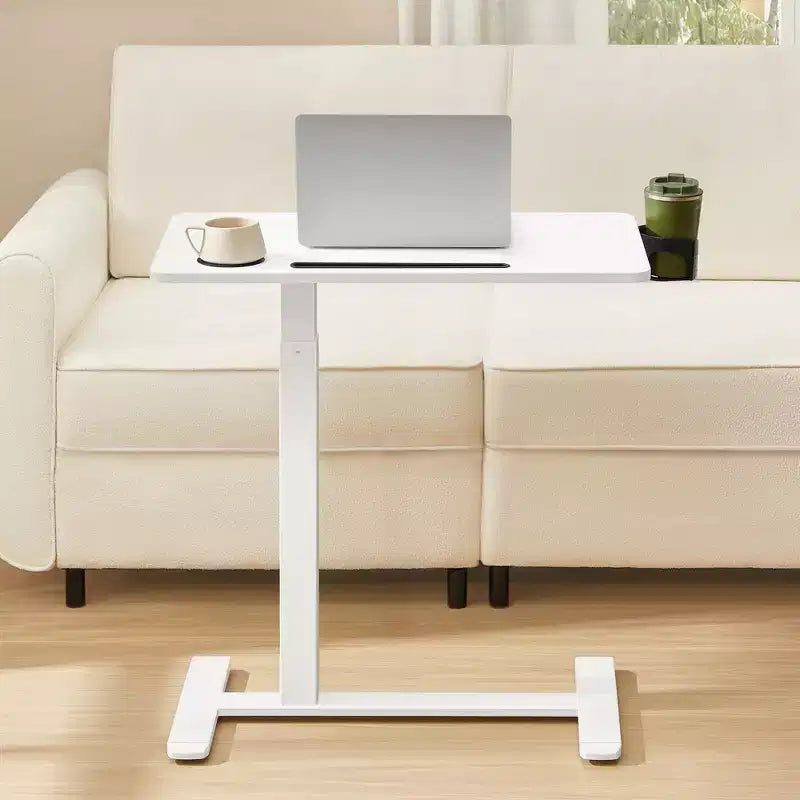 Mobile Standing Desk, 27.6 Inch Adjustable Height Table with 2 Cup Holders & Tablet Slot, Rolling Computer Desk for Bedroom Living Room, Cloud White