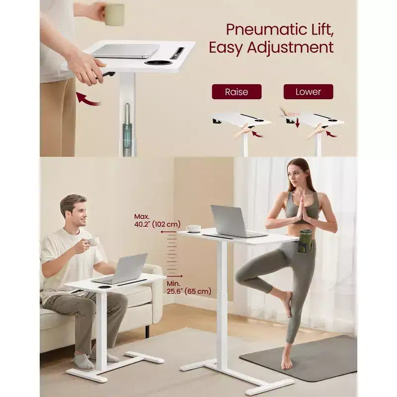 Mobile Standing Desk, 27.6 Inch Adjustable Height Table with 2 Cup Holders & Tablet Slot, Rolling Computer Desk for Bedroom Living Room