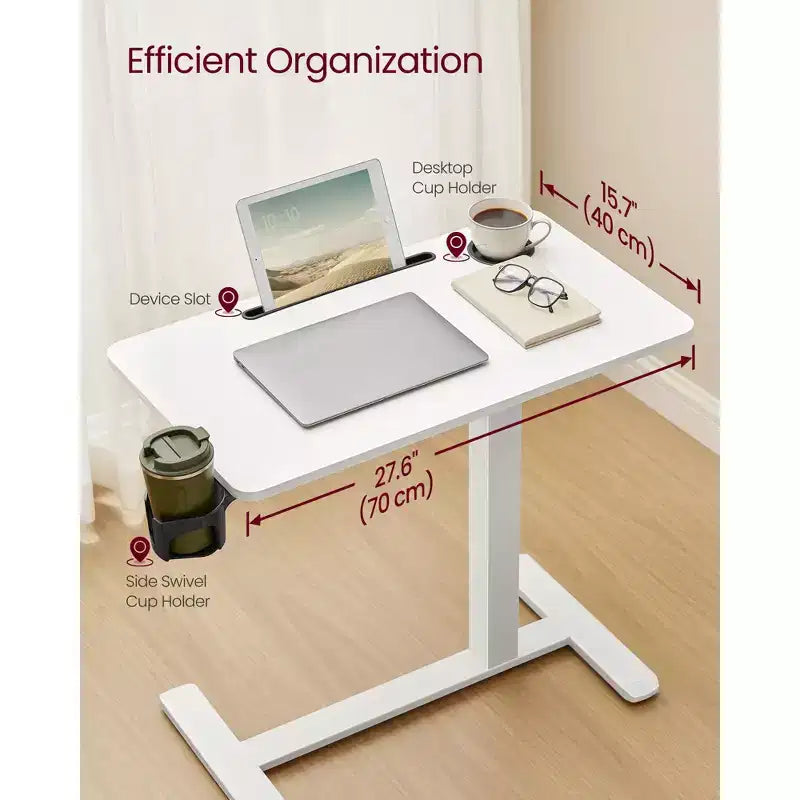Mobile Standing Desk, 27.6 Inch Adjustable Height Table with 2 Cup Holders & Tablet Slot, Rolling Computer Desk for Bedroom Living Room