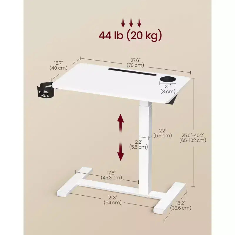 Mobile Standing Desk, 27.6 Inch Adjustable Height Table with 2 Cup Holders & Tablet Slot, Rolling Computer Desk for Bedroom Living Room