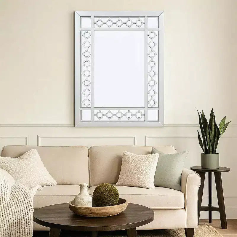 40 Inch Ornate Wood Mirror, Portrait, Round Cut Out Design, White