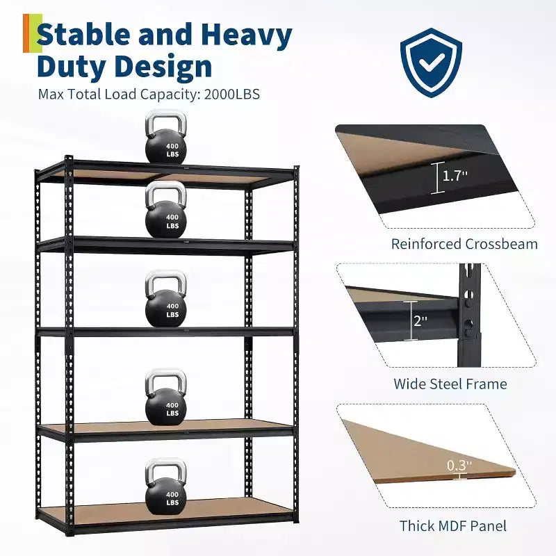 5-Tier Heavy Duty Metal Shelving Unit, 2500 LBS Capacity, Adjustable Storage Rack