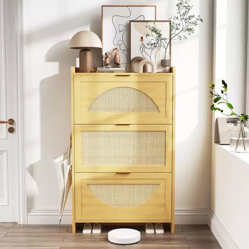 Rattan Shoe Storage Cabinet with 3 Flip Drawers, Free Standing Wooden Shoe Storage Organizer Cabinet