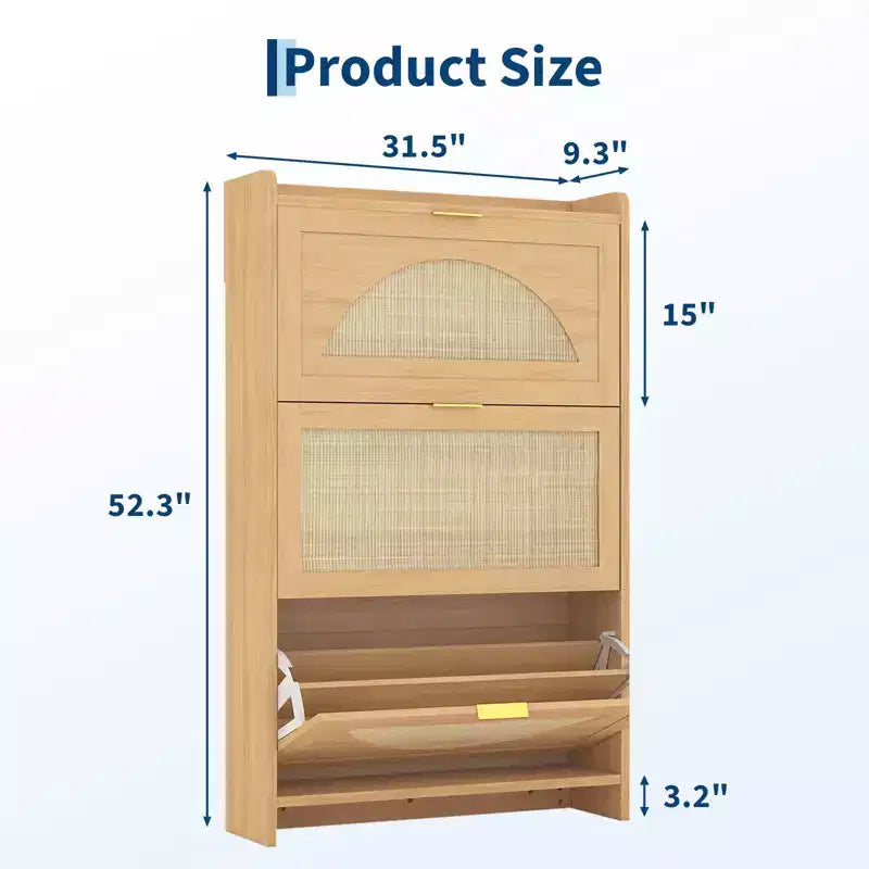 Rattan Shoe Storage Cabinet with 3 Flip Drawers, Free Standing Wooden Shoe Organizer