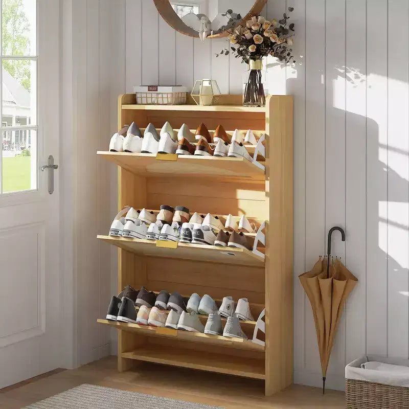 Rattan Shoe Storage Cabinet with 3 Flip Drawers, Free Standing Wooden Shoe Organizer