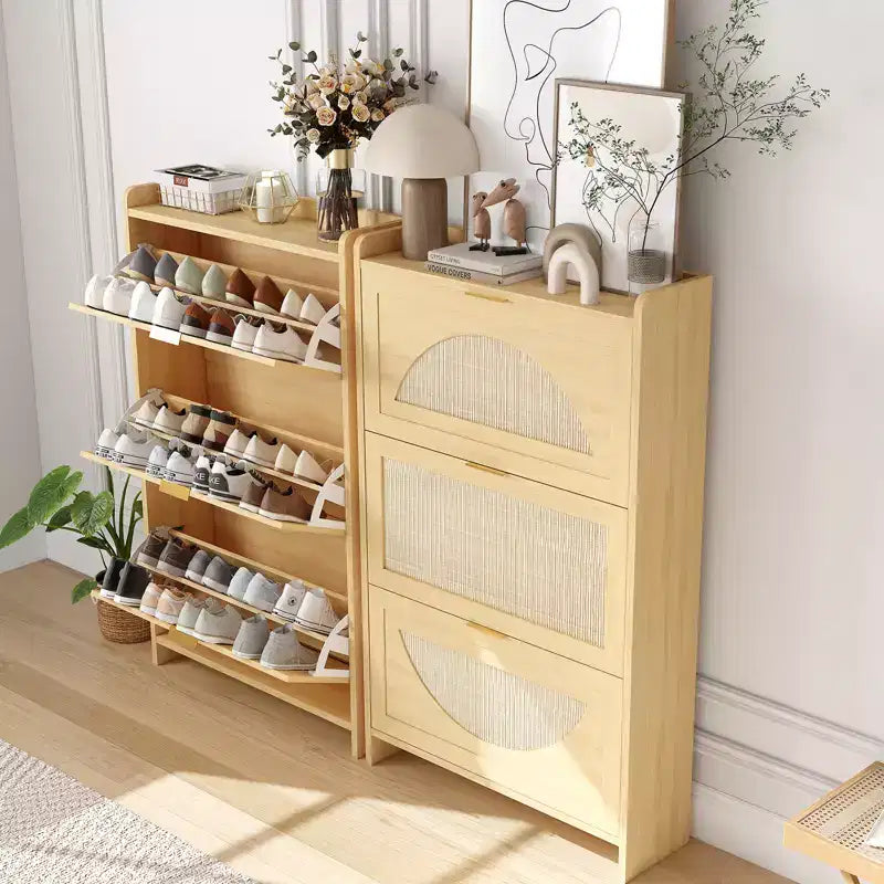 Rattan Shoe Storage Cabinet with 3 Flip Drawers, Free Standing Wooden Shoe Organizer