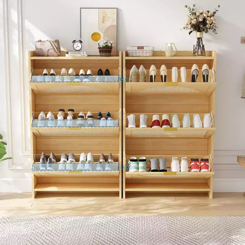 Rattan Shoe Storage Cabinet with 3 Flip Drawers, Free Standing Wooden Shoe Organizer