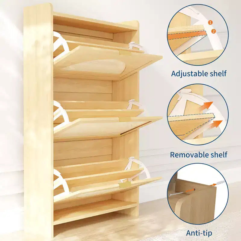 Rattan Shoe Storage Cabinet with 3 Flip Drawers, Free Standing Wooden Shoe Organizer