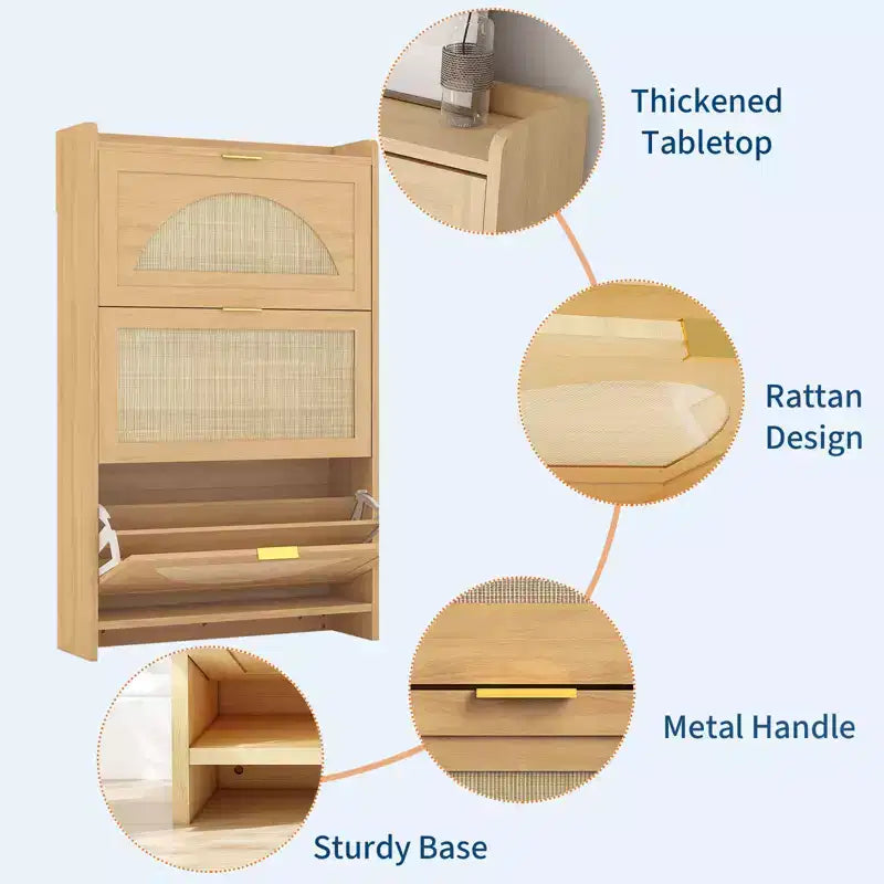 Rattan Shoe Storage Cabinet with 3 Flip Drawers, Free Standing Wooden Shoe Organizer