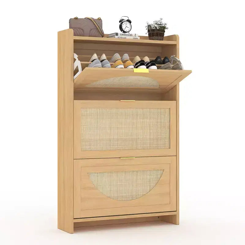 Rattan Shoe Storage Cabinet with 3 Flip Drawers, Free Standing Wooden Shoe Organizer