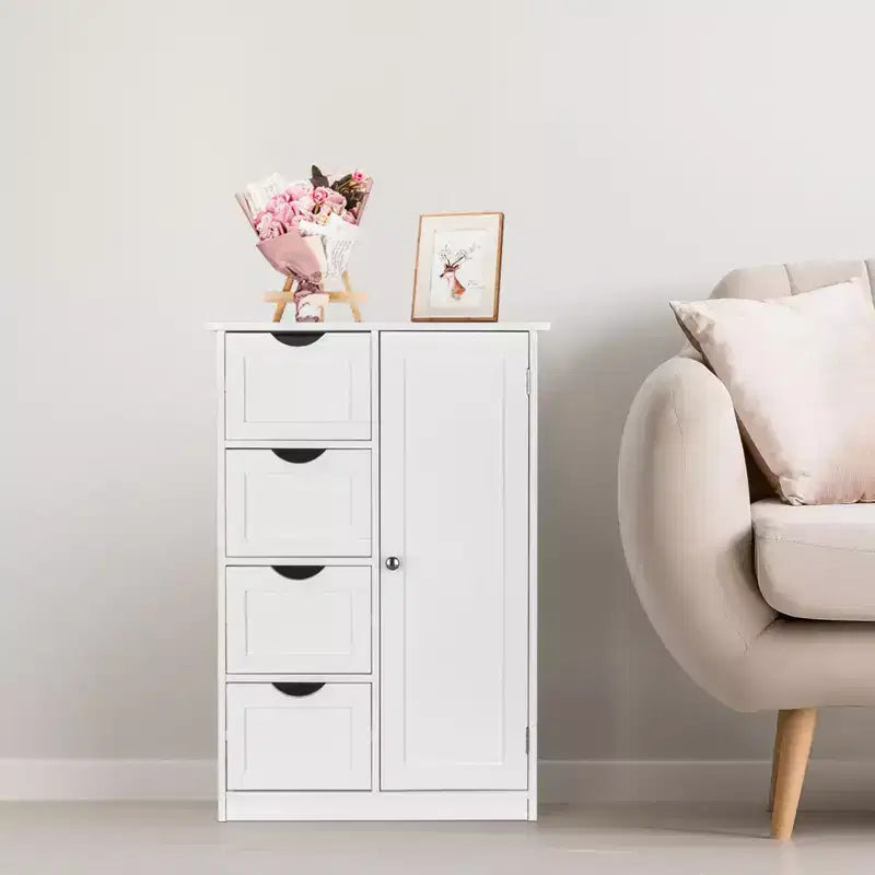 Single Door Bathroom Storage Cabinet with 4 Drawers, White