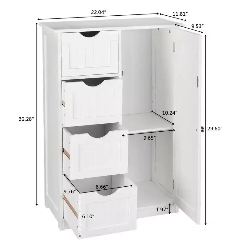Single Door Bathroom Storage Cabinet with 4 Drawers, White