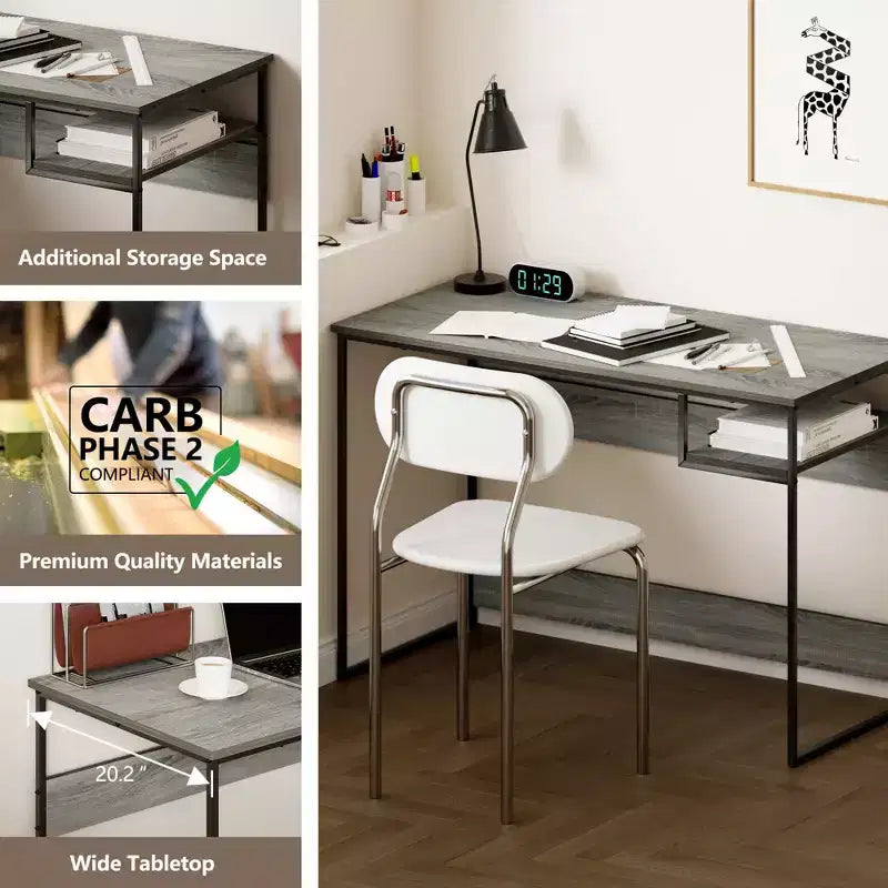 45" Computer Desk Metal Frame Study Table Home Office Workstation with Storage Compartment