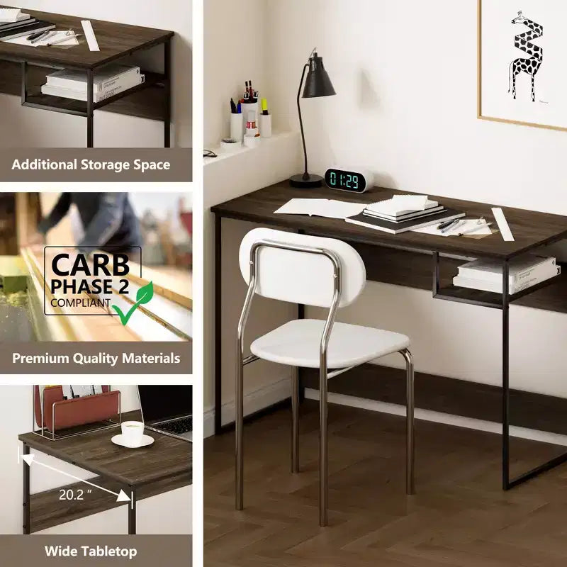 45" Computer Desk Metal Frame Study Table Home Office Workstation with Storage Compartment