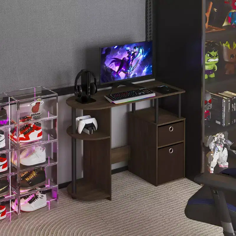 Simplistic Computer Desk Study Writing Workstation w/ Side Shelf & 2 Storage Bins