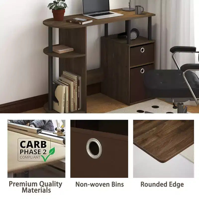 Simplistic Computer Desk Study Writing Workstation w/ Side Shelf & 2 Storage Bins