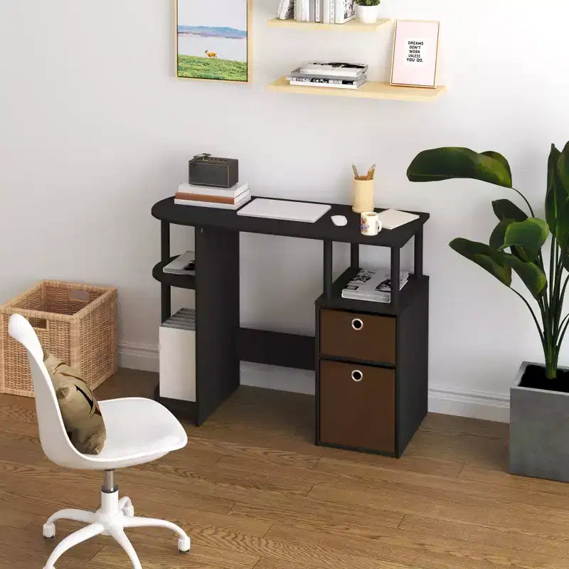 Simplistic Computer Desk Study Writing Workstation w/ Side Shelf & 2 Storage Bins