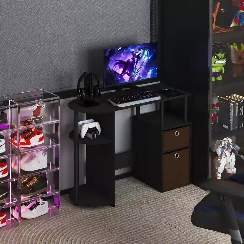 Simplistic Computer Desk Study Writing Workstation w/ Side Shelf & 2 Storage Bins