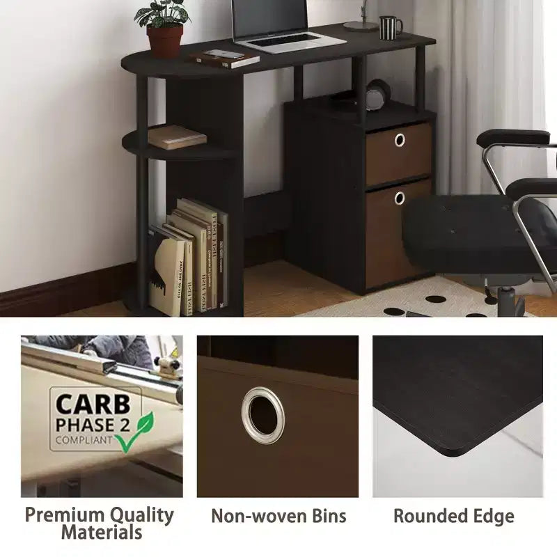 Simplistic Computer Desk Study Writing Workstation w/ Side Shelf & 2 Storage Bins