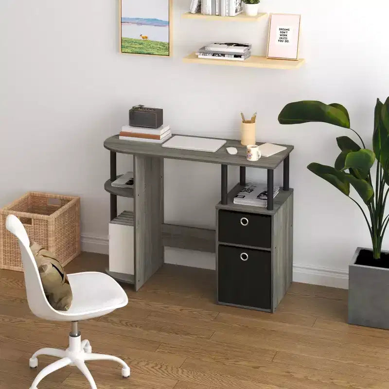 Simplistic Computer Desk Study Writing Workstation w/ Side Shelf & 2 Storage Bins