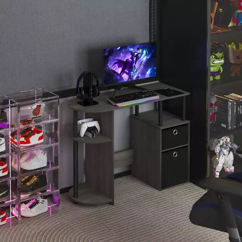 Simplistic Computer Desk Study Writing Workstation w/ Side Shelf & 2 Storage Bins