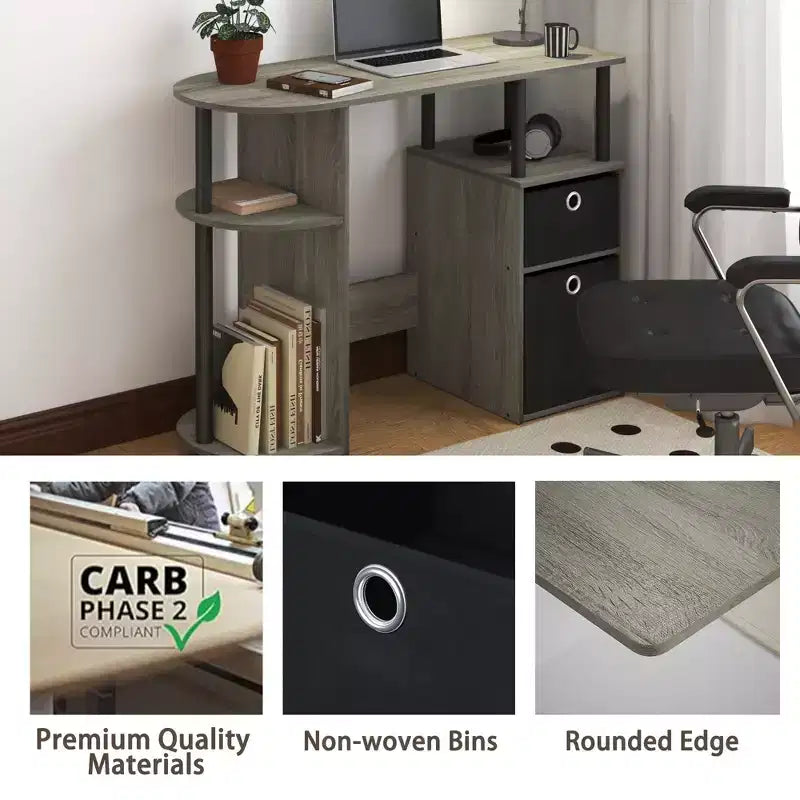 Simplistic Computer Desk Study Writing Workstation w/ Side Shelf & 2 Storage Bins