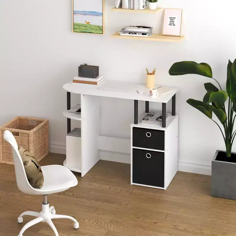 Simplistic Computer Desk Study Writing Workstation w/ Side Shelf & 2 Storage Bins