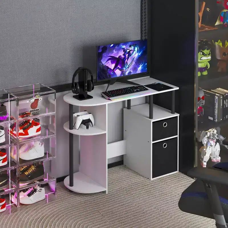 Simplistic Computer Desk Study Writing Workstation w/ Side Shelf & 2 Storage Bins