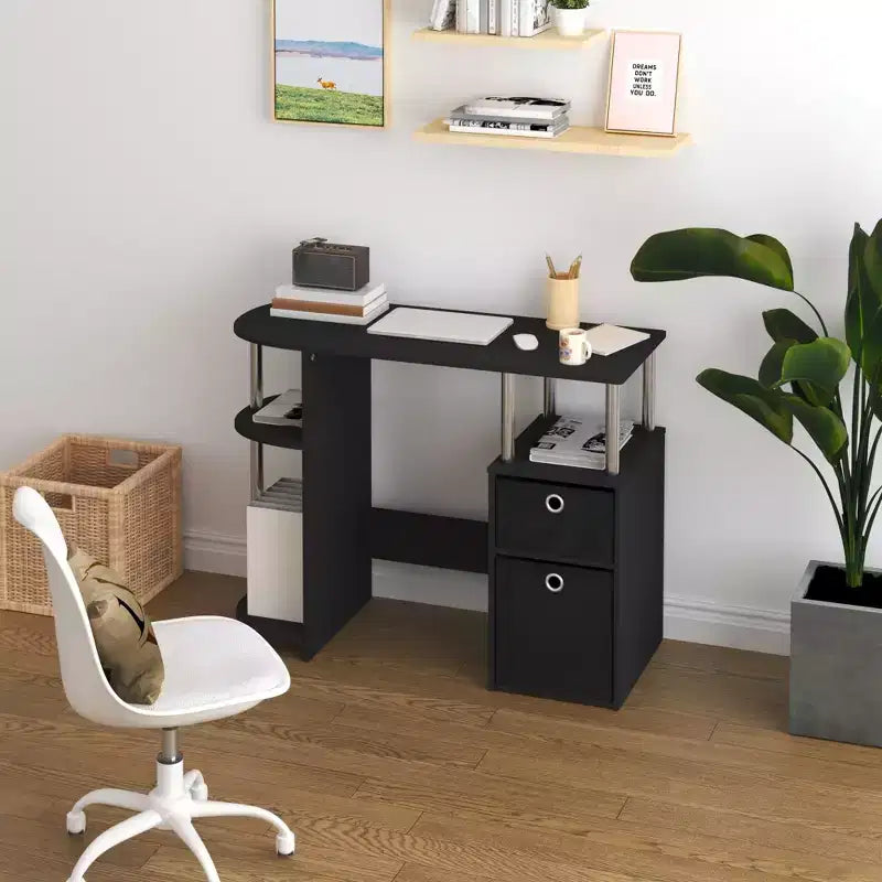 Simplistic Computer Desk Study Writing Workstation w/ Side Shelf & 2 Storage Bins