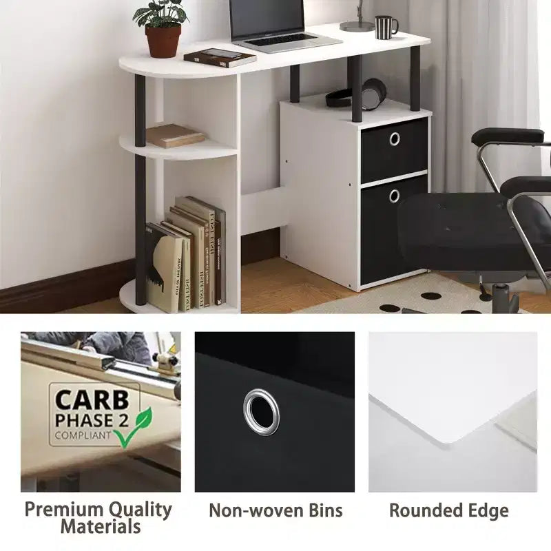 Simplistic Computer Desk Study Writing Workstation w/ Side Shelf & 2 Storage Bins