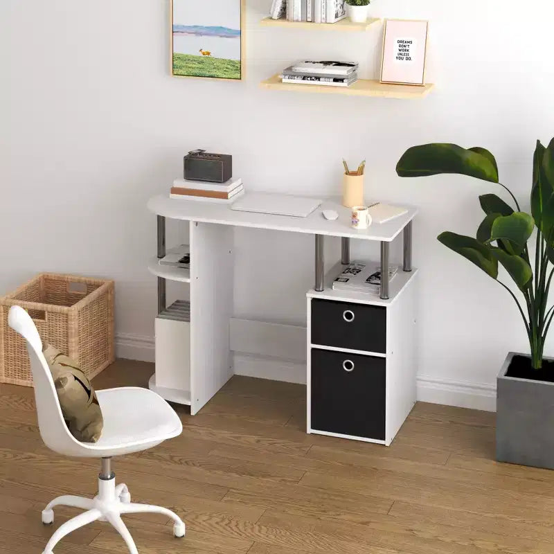 Simplistic Computer Desk Study Writing Workstation w/ Side Shelf & 2 Storage Bins