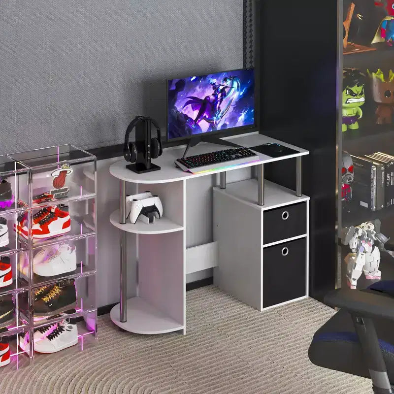 Simplistic Computer Desk Study Writing Workstation w/ Side Shelf & 2 Storage Bins