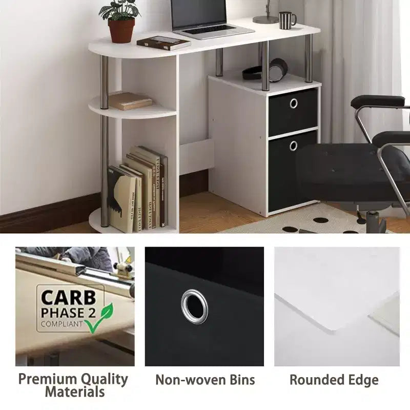 Simplistic Computer Desk Study Writing Workstation w/ Side Shelf & 2 Storage Bins