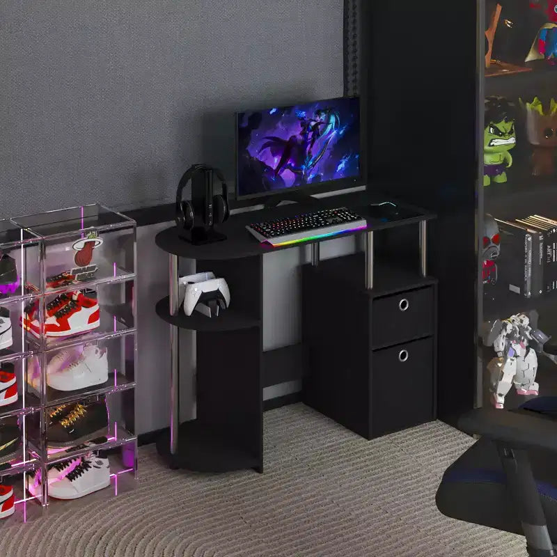 Simplistic Computer Desk Study Writing Workstation w/ Side Shelf & 2 Storage Bins
